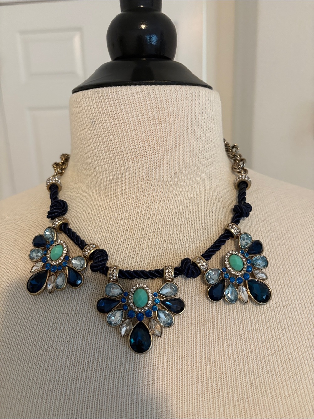 Navy and Teal Cluster Crystal Necklace with Gold Accents